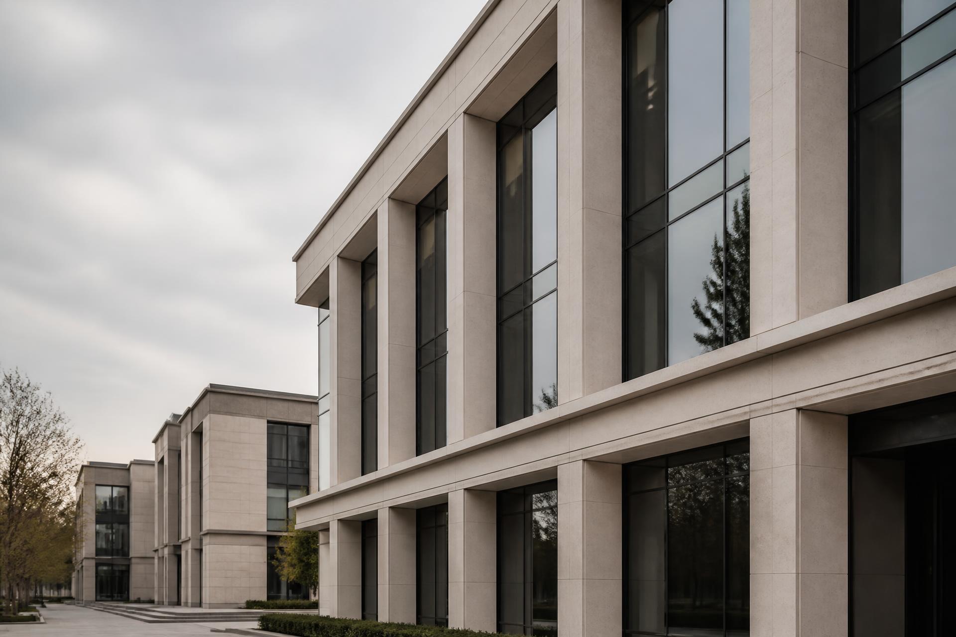 Fachada de piedra y vidrio de un edificio contemporáneo